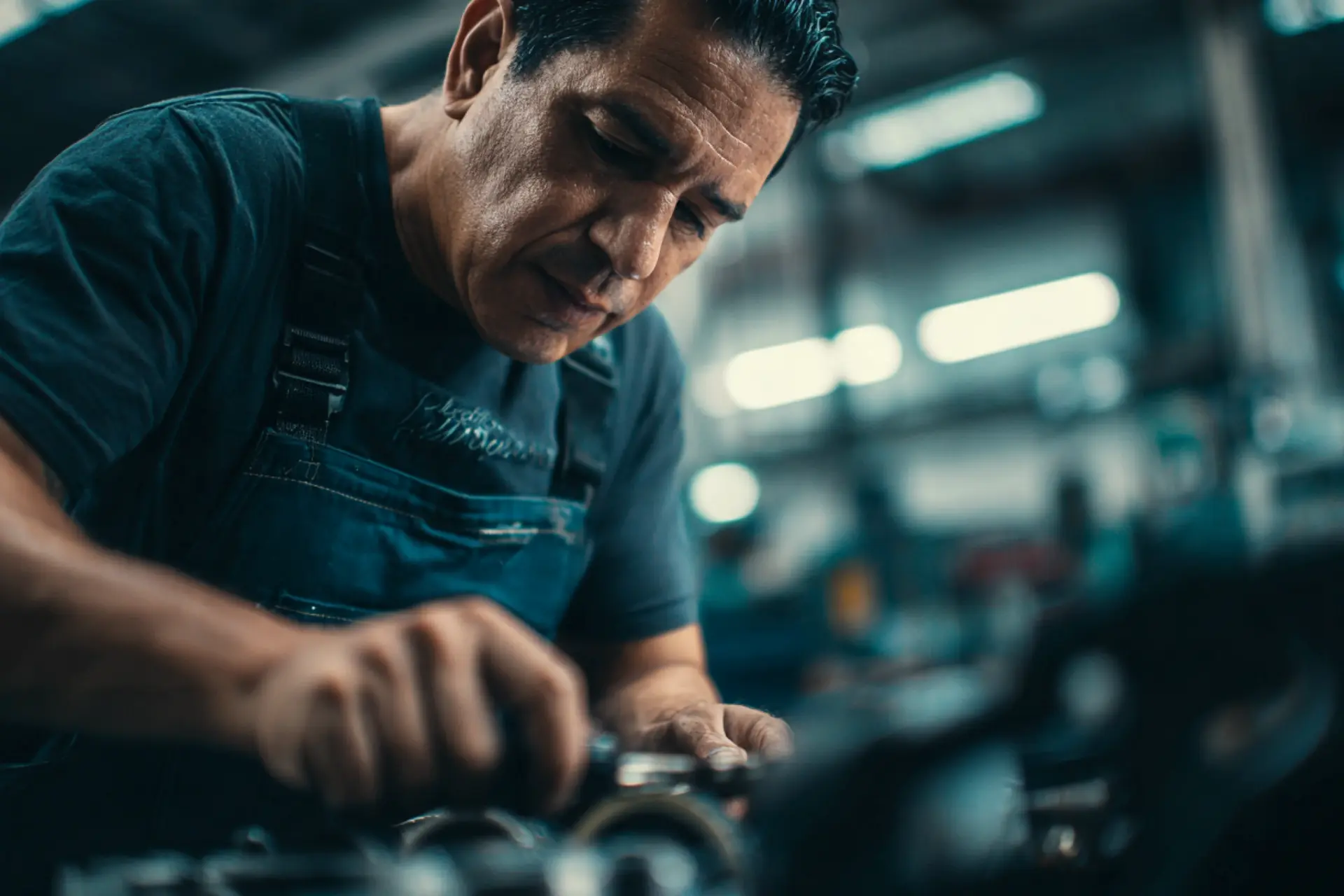 Mecánico revisando la correa de distribución del motor en un taller